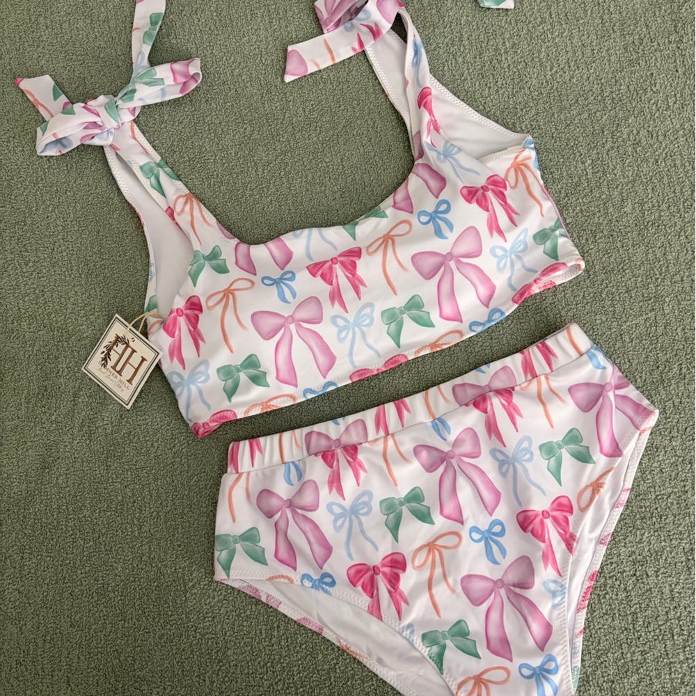 Women’s White Bow-Print Bikini Set – Pastel Multi